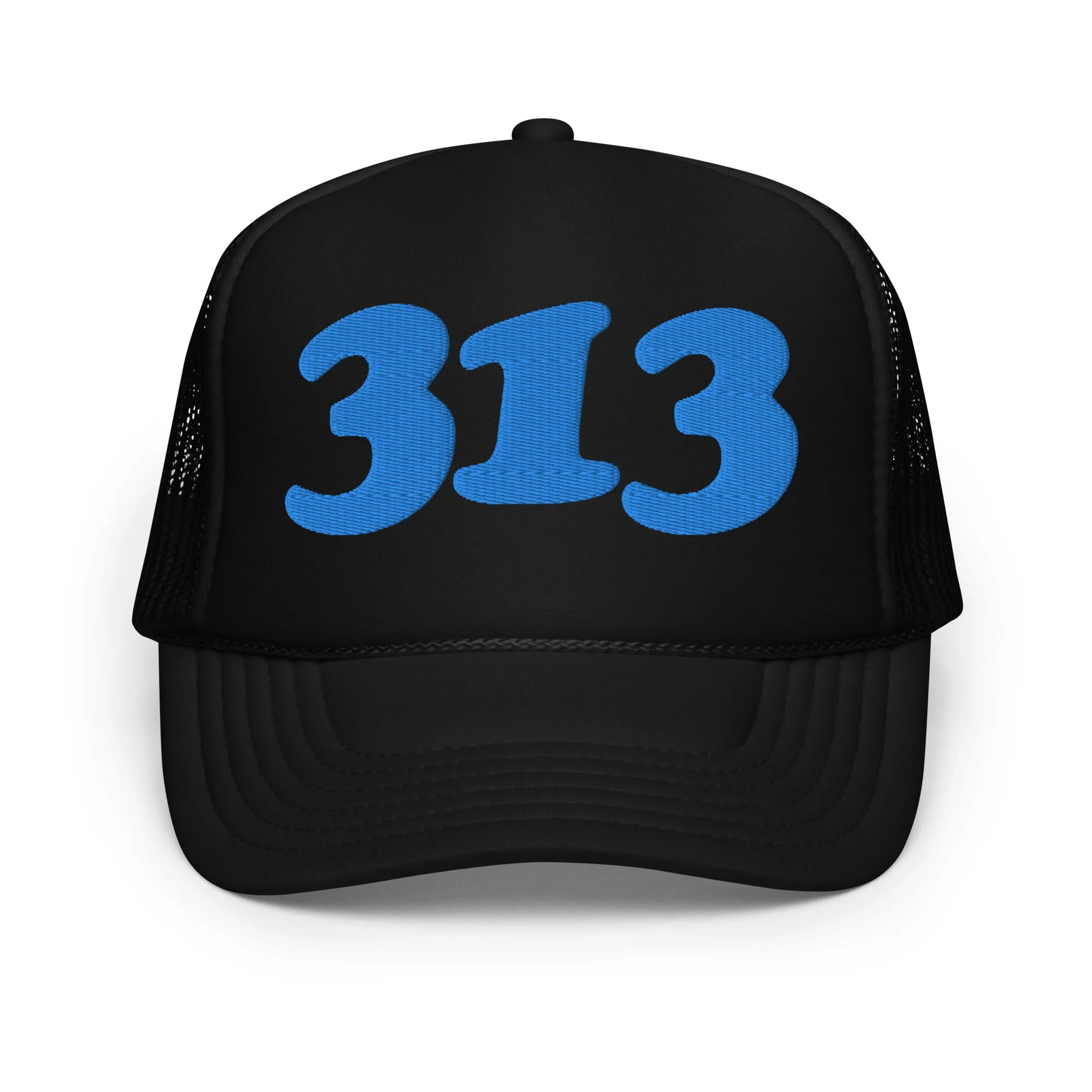 313 Detroit Foam Trucker Hat - Black  - Embroidered with Blue