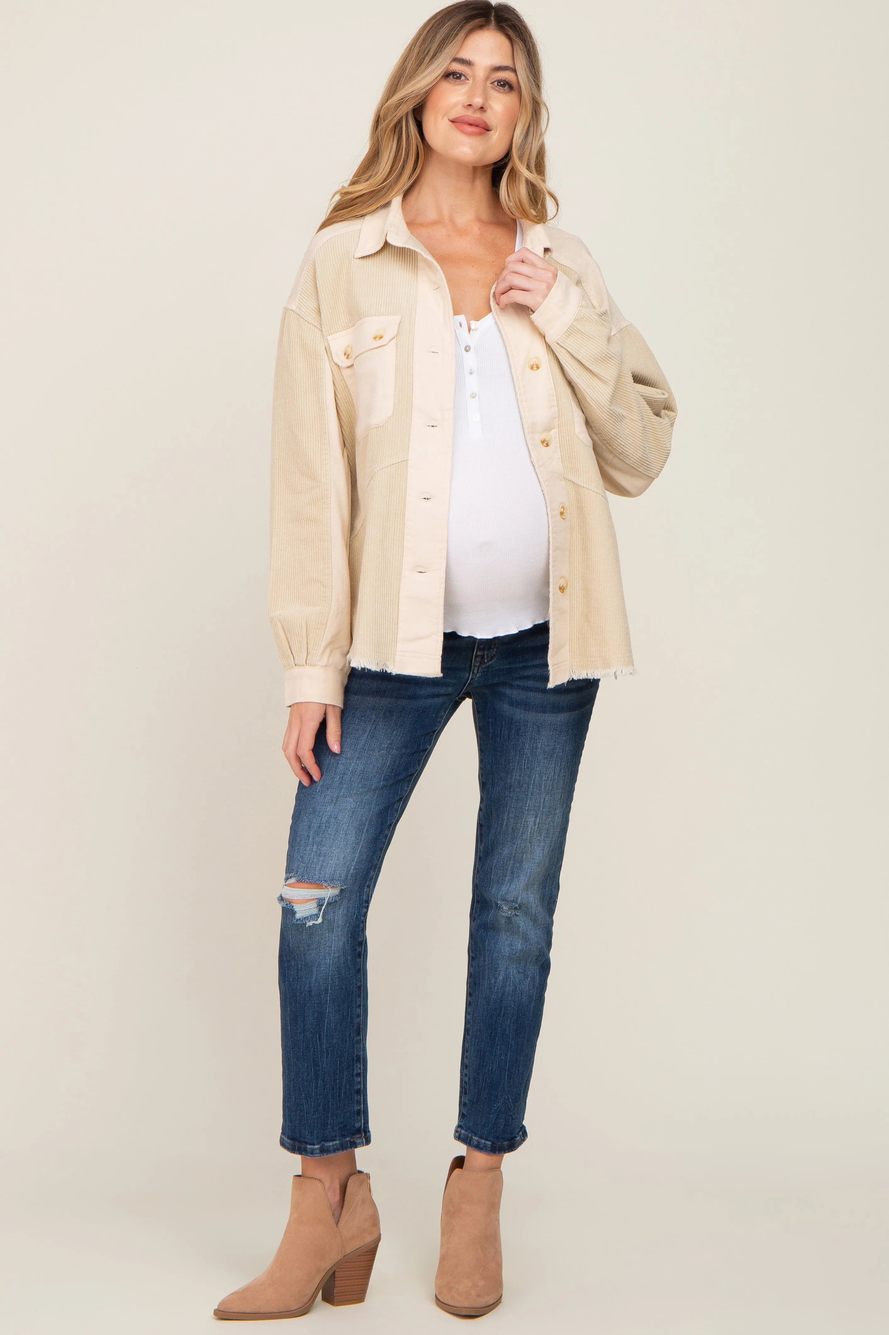 Beige Colorblock Corduroy Maternity Shacket