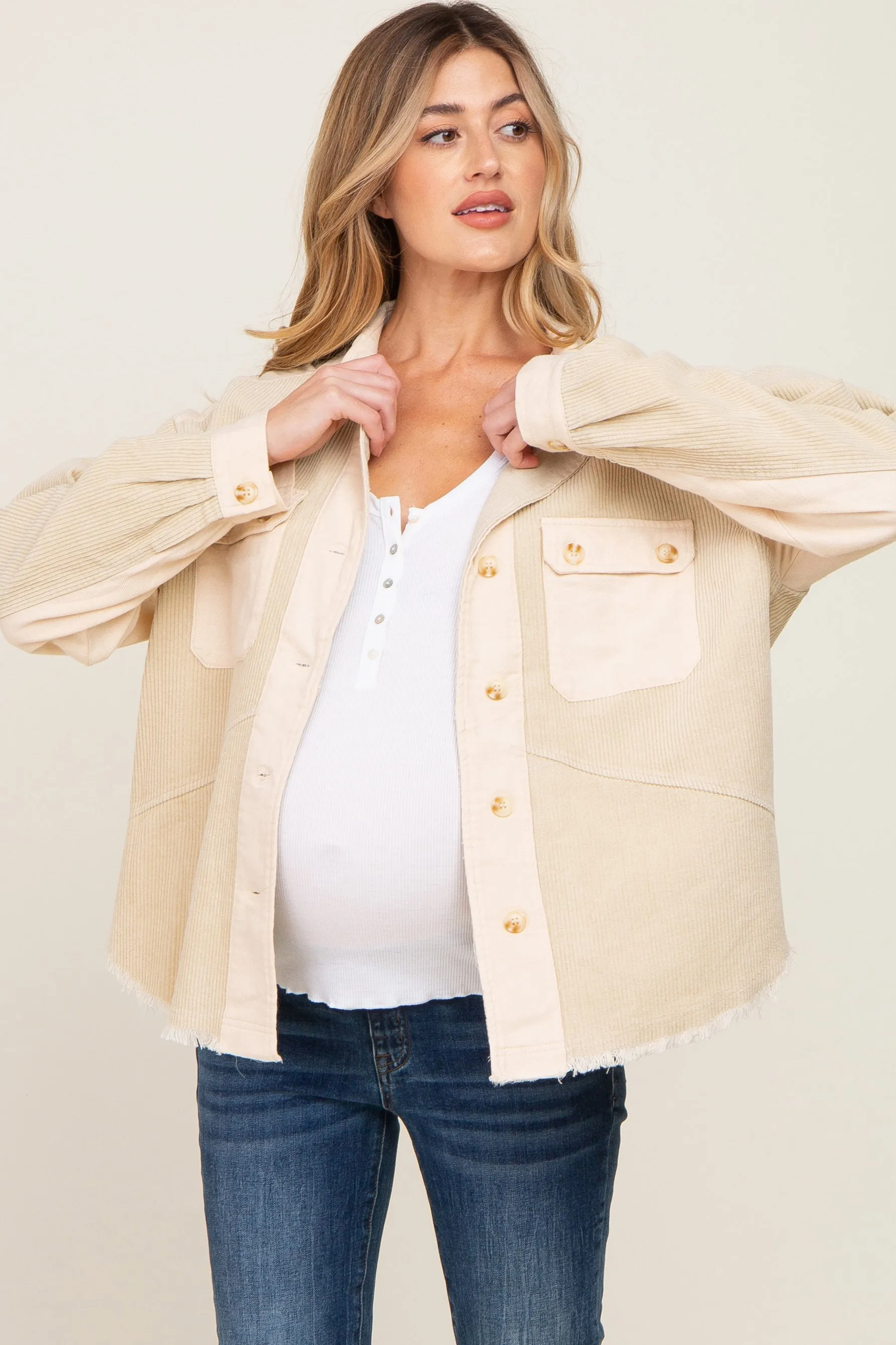 Beige Colorblock Corduroy Maternity Shacket