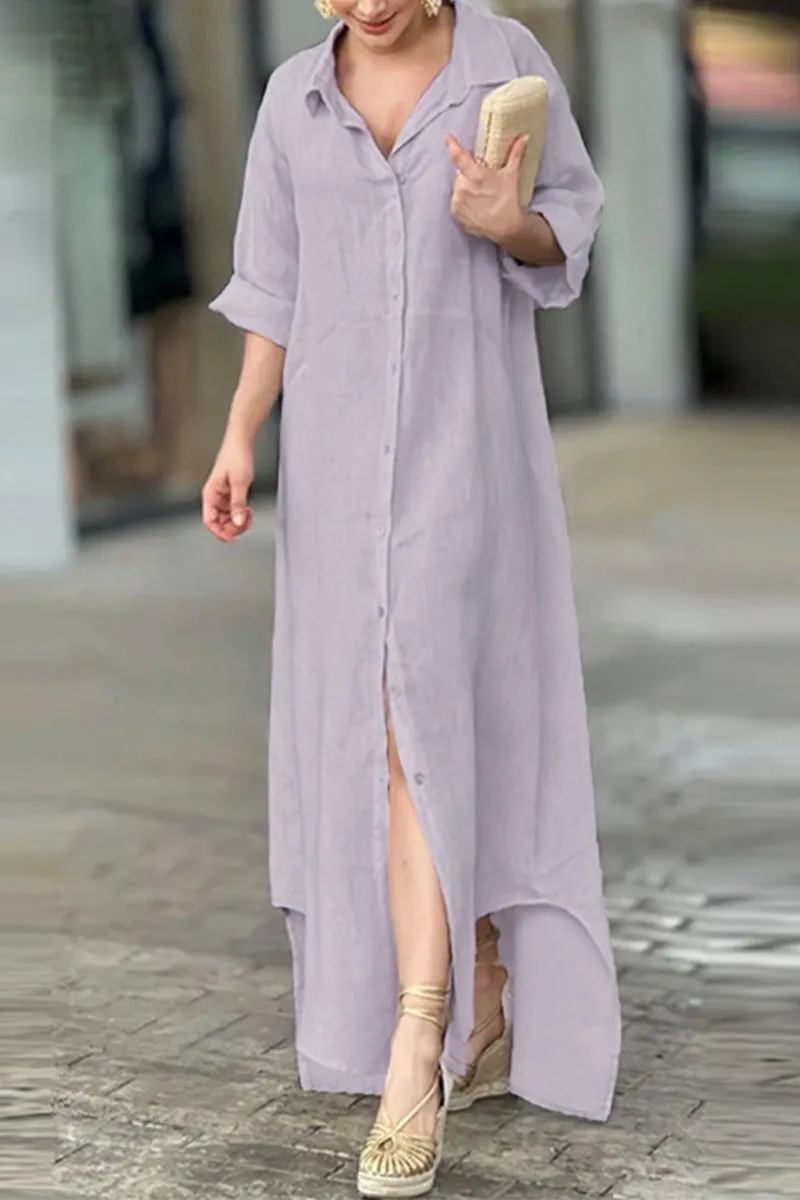 BerryBetty - Casual Solid Buttons Turndown Collar Shirt Dress Dresses