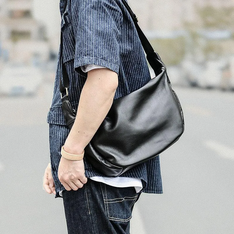 Black Leather Mens Saddle Courier Bag Messenger Bag Black Postman Bag For Men