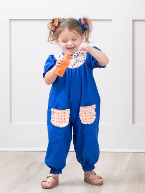 Blue & Orange Smocked Gingham Ruffle Romper