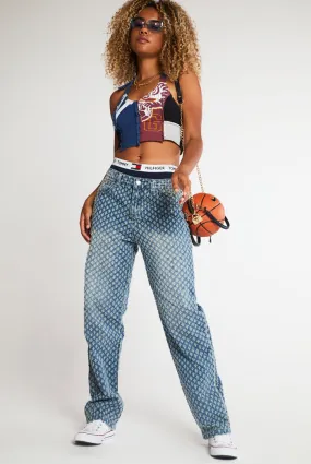 Blue Baggy Boyfriend Jeans With Pulled Fabric Detail