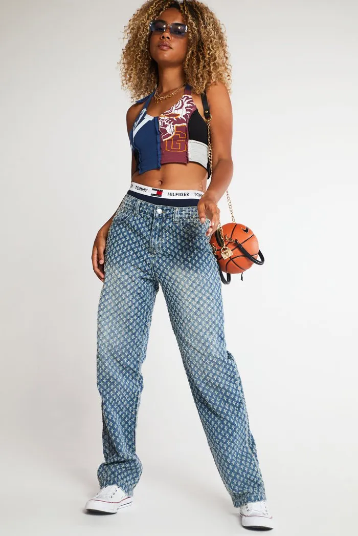 Blue Baggy Boyfriend Jeans With Pulled Fabric Detail