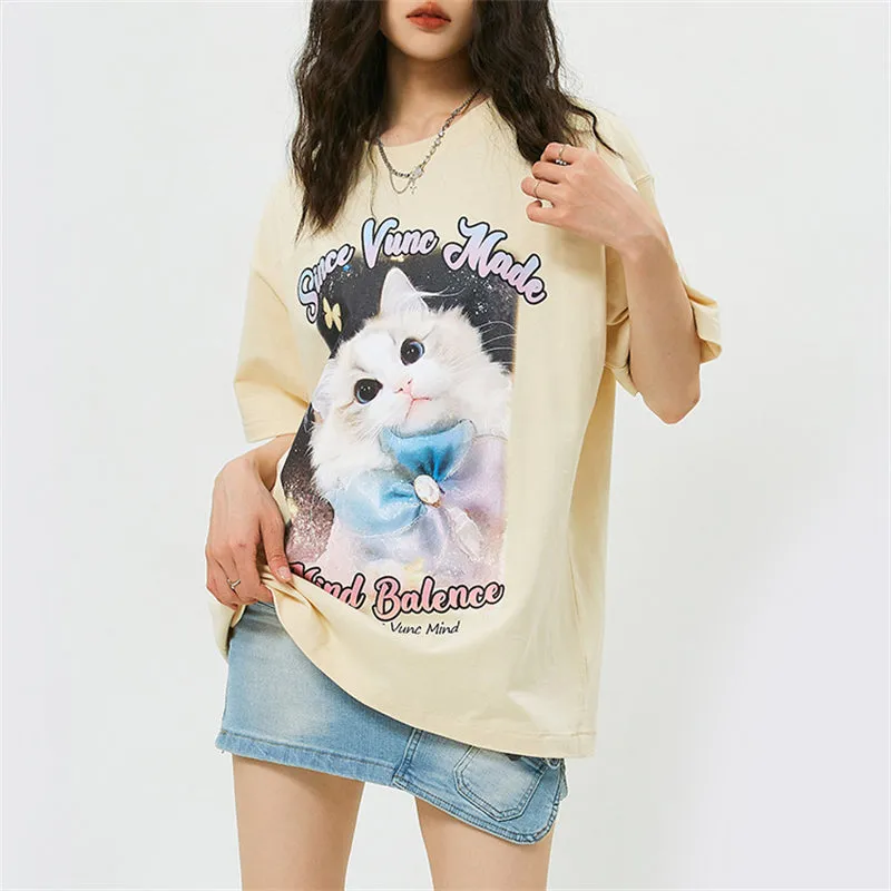 Bow Cat Print Tees