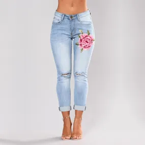 Embroidered Stretchy Flower Jeans