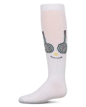 Girls Ribbed Stretch Cotton "Tennis Smiley Face" Knee Sock