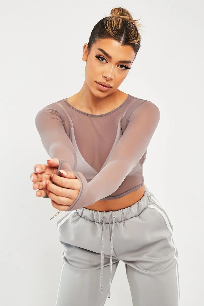 Mink Mesh Long Sleeve Crop Top - Aaima