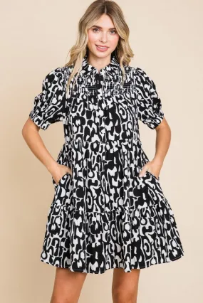 Print Collar Dress with Pockets