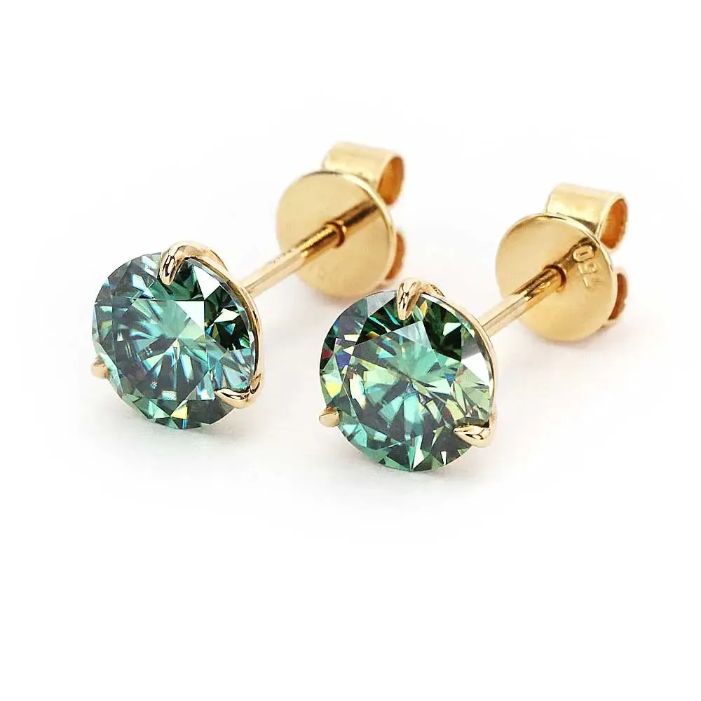 Ready Made | 0.8 Carat Green Moissanite Solitaire Earrings in 18K Yellow Gold 3 Prong Martini Setting