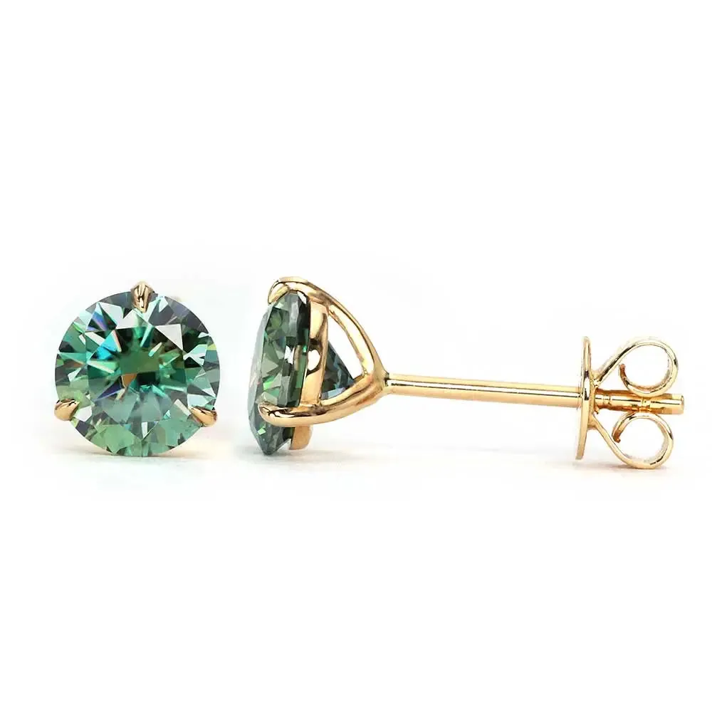 Ready Made | 0.8 Carat Green Moissanite Solitaire Earrings in 18K Yellow Gold 3 Prong Martini Setting