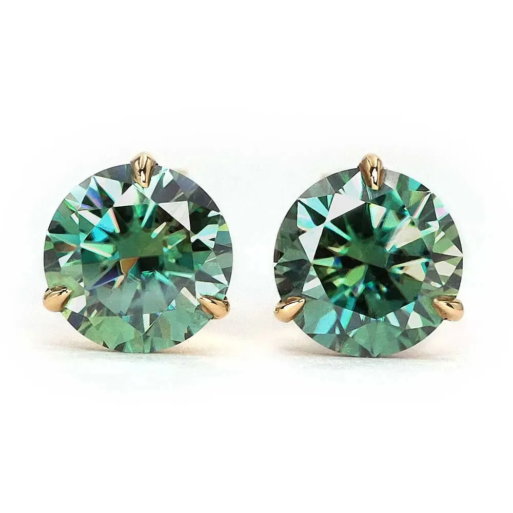 Ready Made | 0.8 Carat Green Moissanite Solitaire Earrings in 18K Yellow Gold 3 Prong Martini Setting