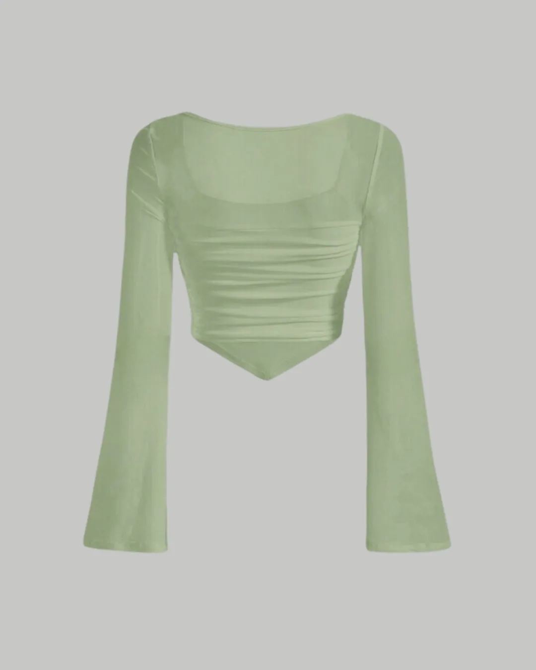 Square Neck Ruched See-Through Bell Sleeves Top