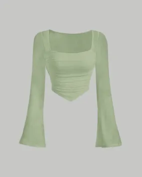 Square Neck Ruched See-Through Bell Sleeves Top